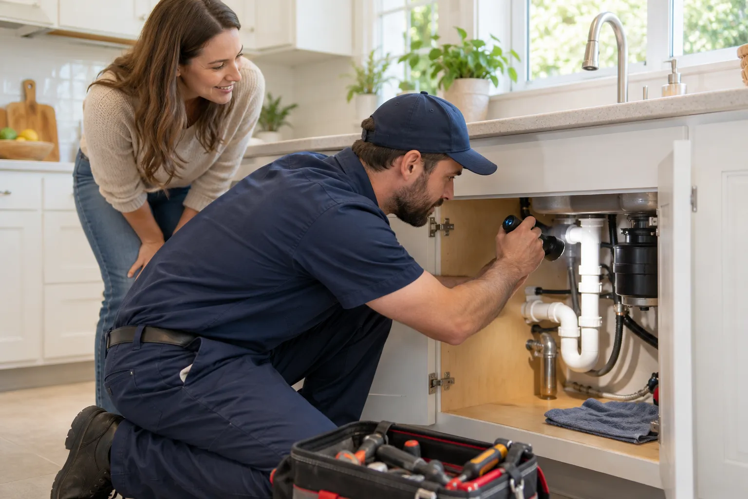 A provider checking a kitchen sink drain for a homeowner in the Lebanon area